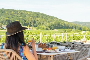 A person seated at an outdoor table with a view of a vineyard and hills in the background. - Hotel Les Deux Chevres Gevrey-Chambertin (Gevrey-Chambertin)