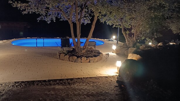 A nighttime view of a swimming pool area with a brick pathway, trees, and outdoor lighting.