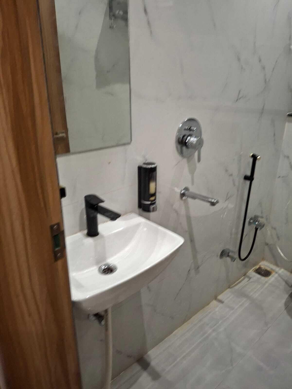 A bathroom with a white sink, a mirror, a handheld showerhead, and a toilet.