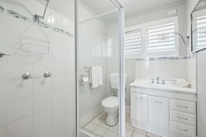 Shower, hair dryer, towels
