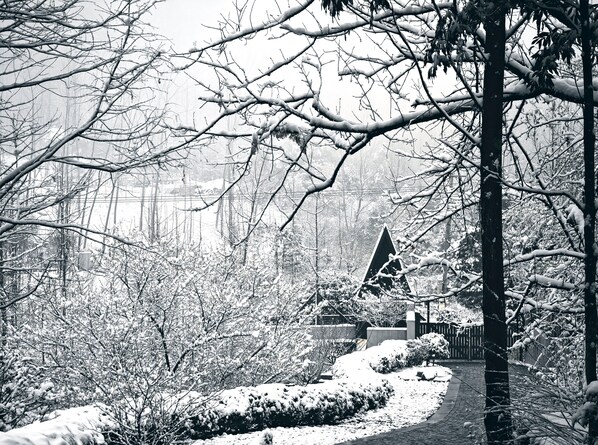 Un jardín cubierto de nieve con un sendero que lleva a una estructura triangular, rodeado de árboles y arbustos.