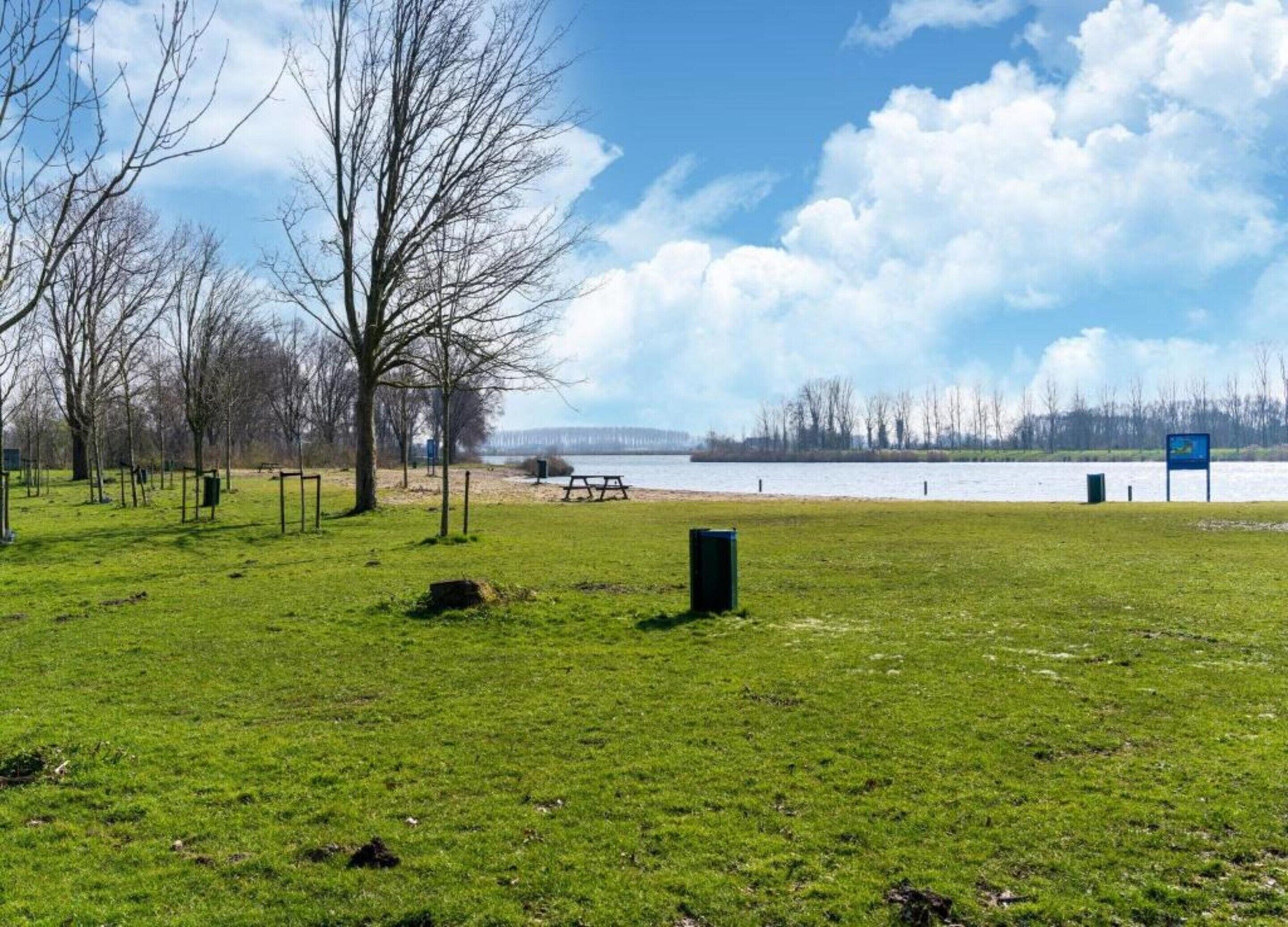 A grassy park area with trees, a picnic table, and a bench by a lake.