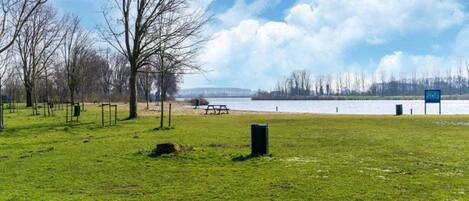 A grassy park area with trees, a picnic table, and a bench by a lake.