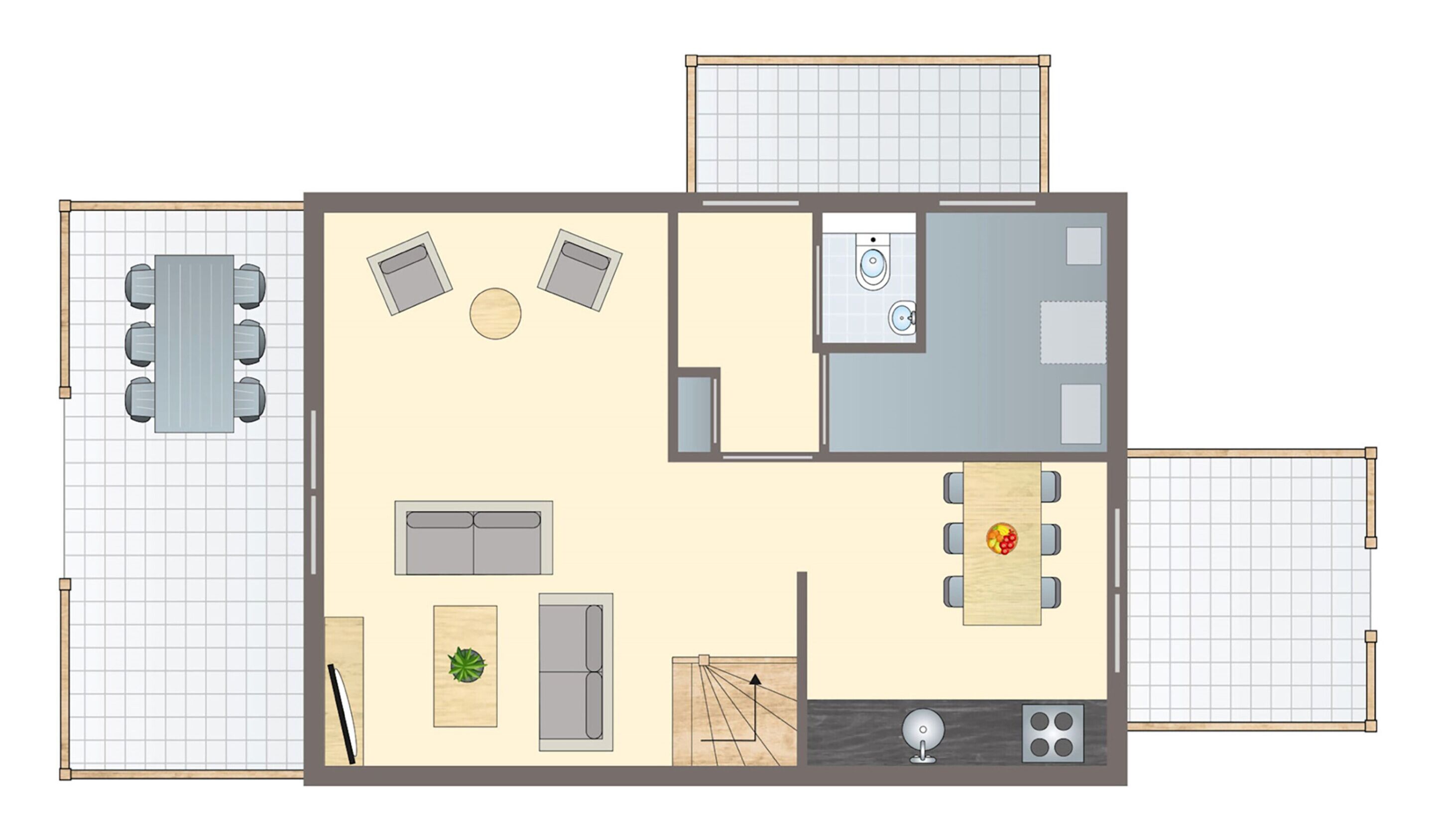 A floor plan of a hotel room with a dining area, a kitchen, a bathroom, and a small balcony.