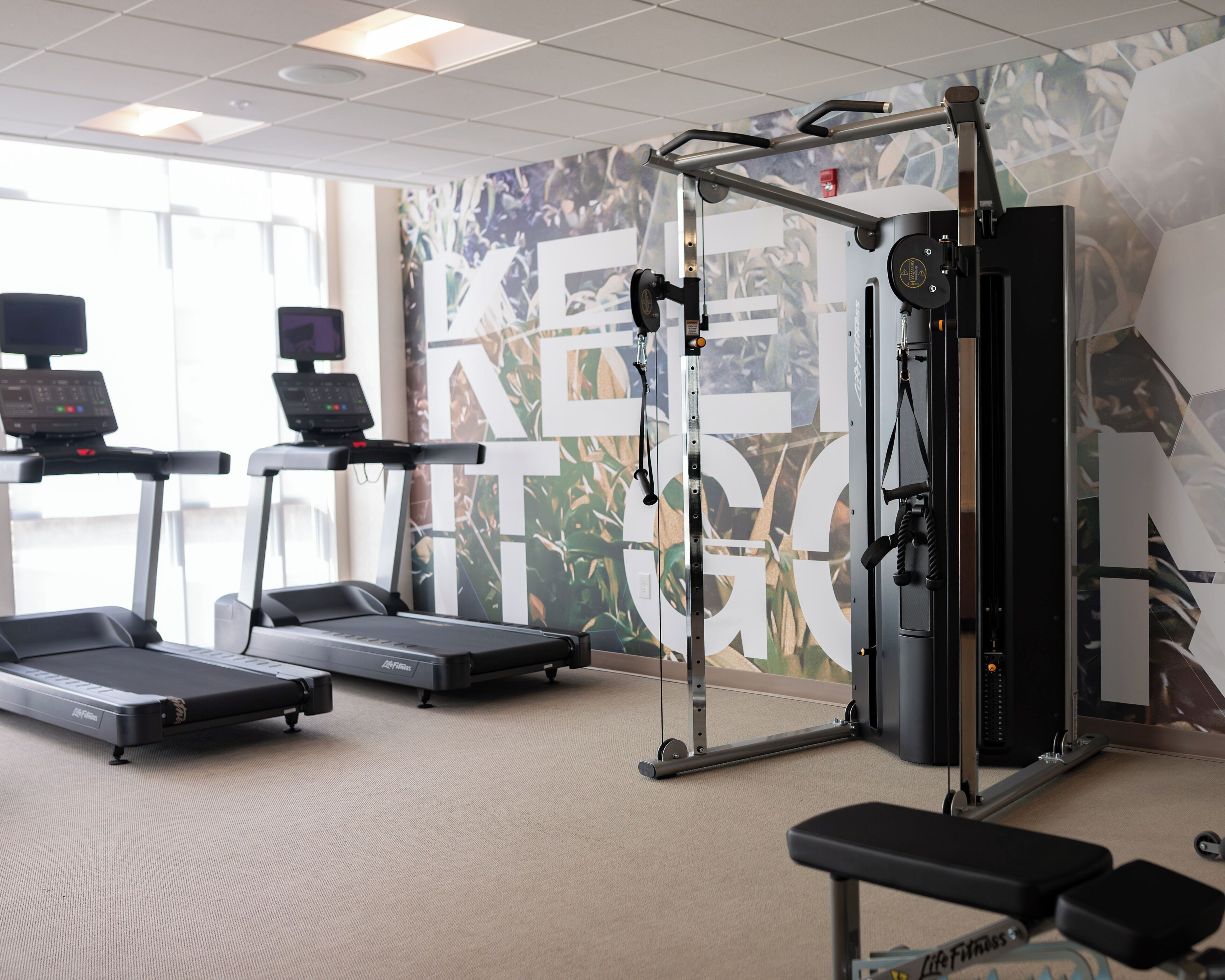 Une salle de sport équipée de tapis de course, d’une machine de musculation et d’un banc.