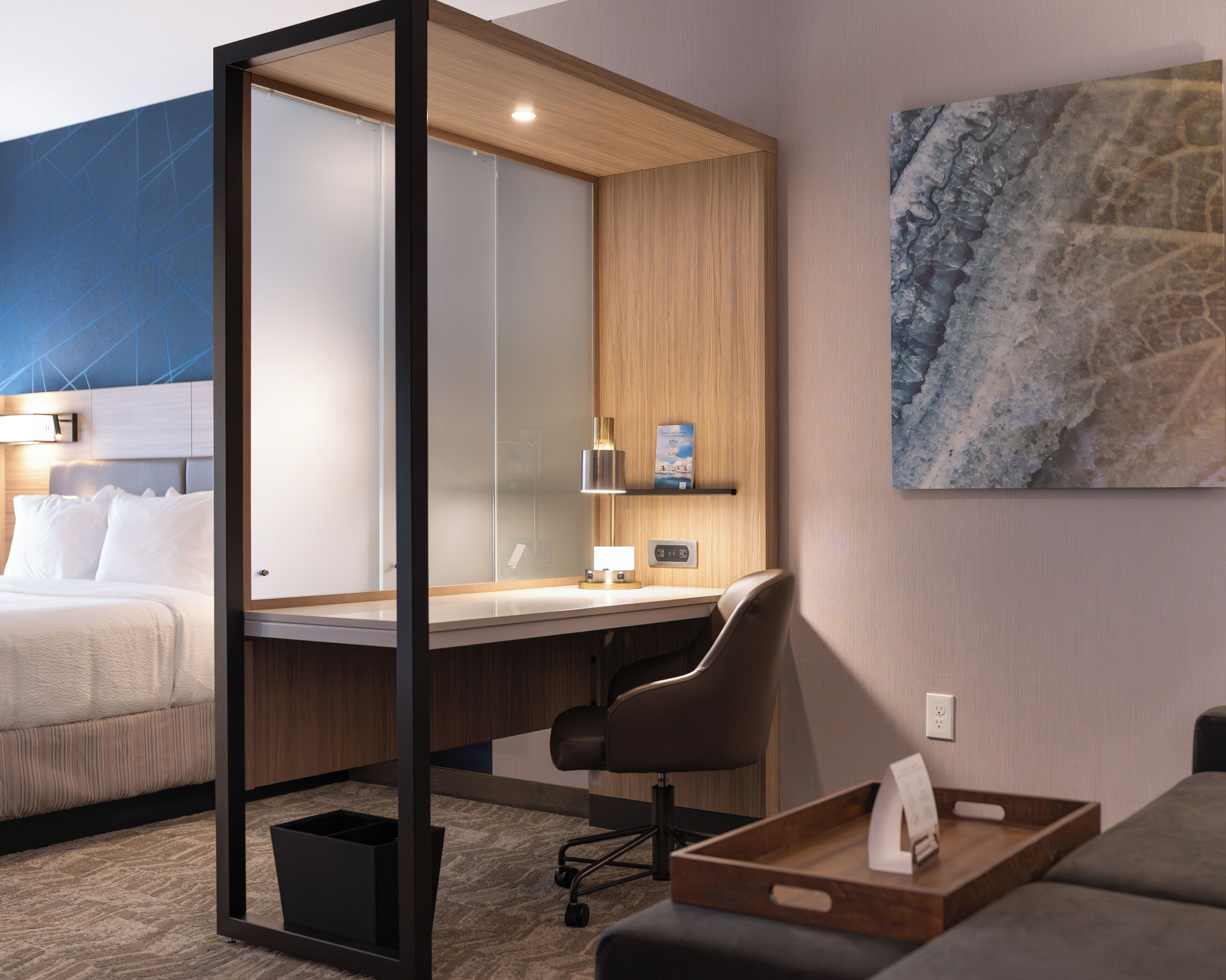 Desk, laptop workspace, blackout curtains, iron/ironing board