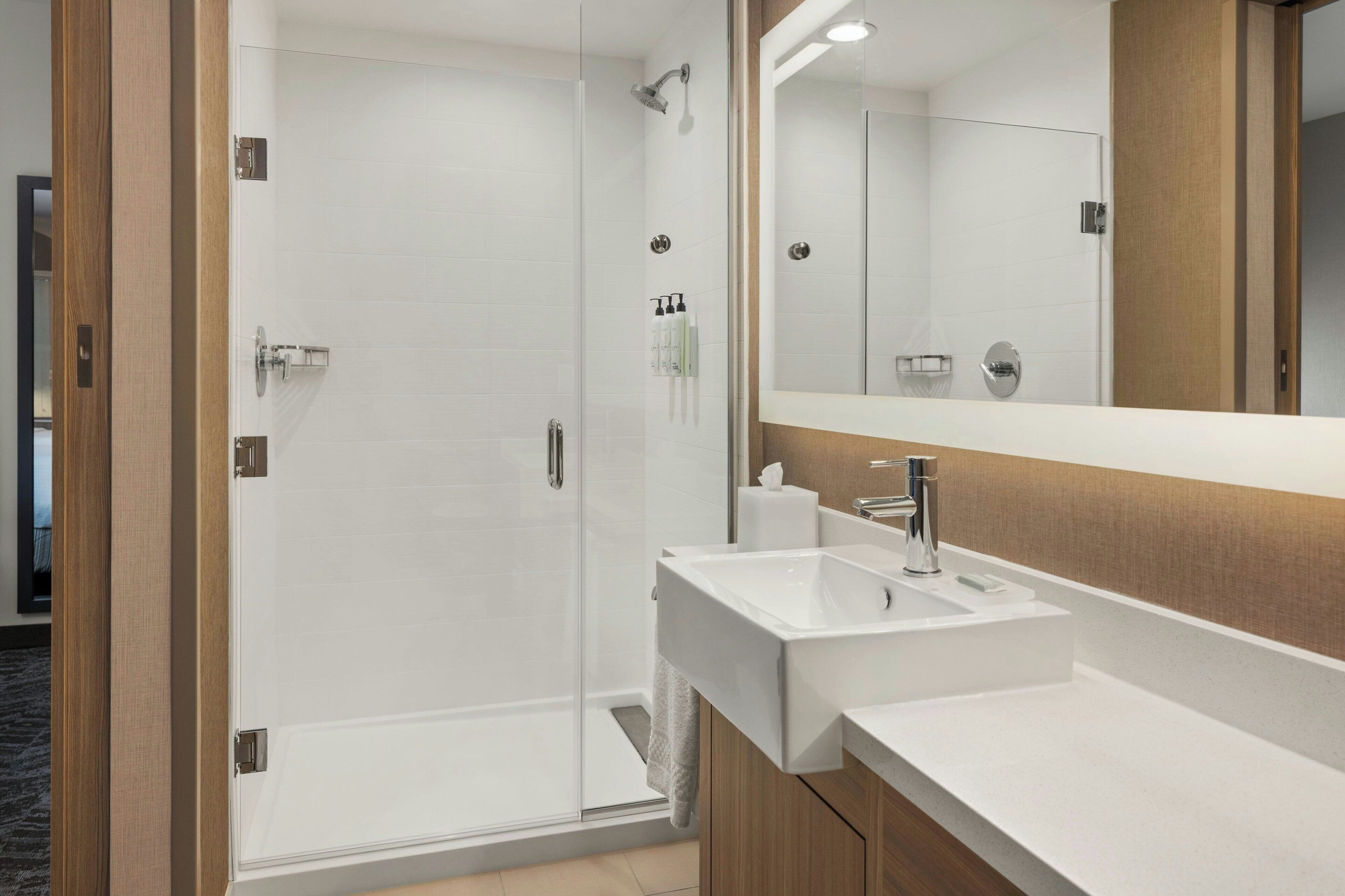 A modern bathroom with a glass-enclosed shower, a white sink, and a large mirror.