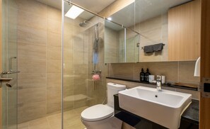 Douche, sèche-cheveux, serviettes fournies, savon