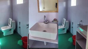 A compact bathroom with a white sink, a toilet, and a shower. - Ecstasy Huts Pangong (Leh)