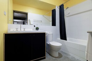 Hair dryer, towels, shampoo, toilet paper