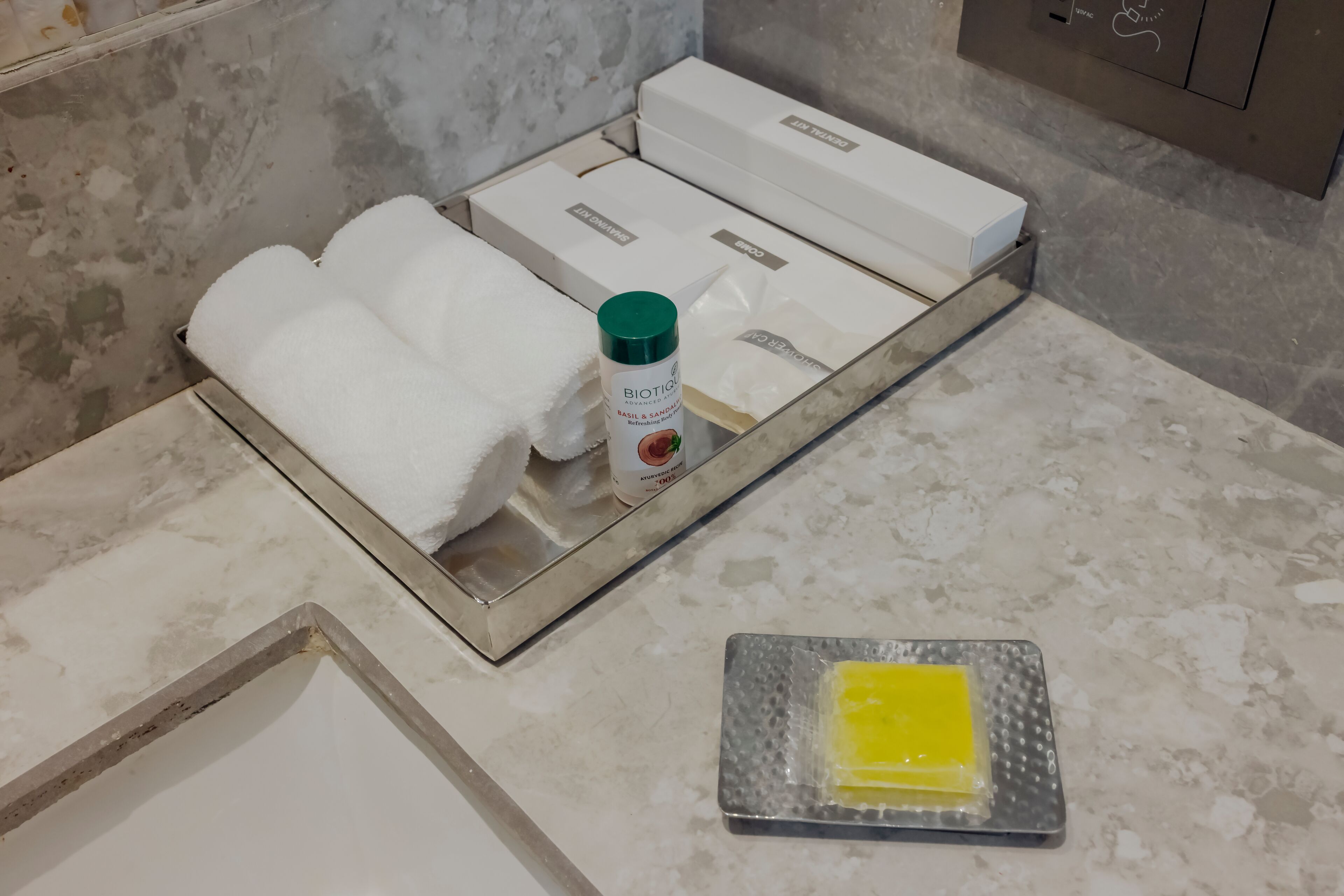 A bathroom with a marble countertop, a white towel dispenser, a bottle of Biotique Basil & Sandalwood body wash, and a soap dish with a yellow bar.
