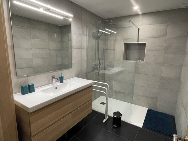 Shower, hair dryer, towels, soap