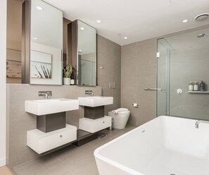 Hair dryer, towels, soap, shampoo