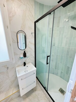 Sèche-cheveux, serviettes fournies, savon, papier toilette