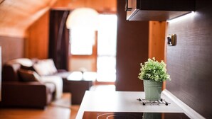 A modern kitchen with a built-in stove, a small green plant on the counter, and a wooden ceiling. - Villa in Stare Hamry Near Ski Park Grun (Staré Hamry)