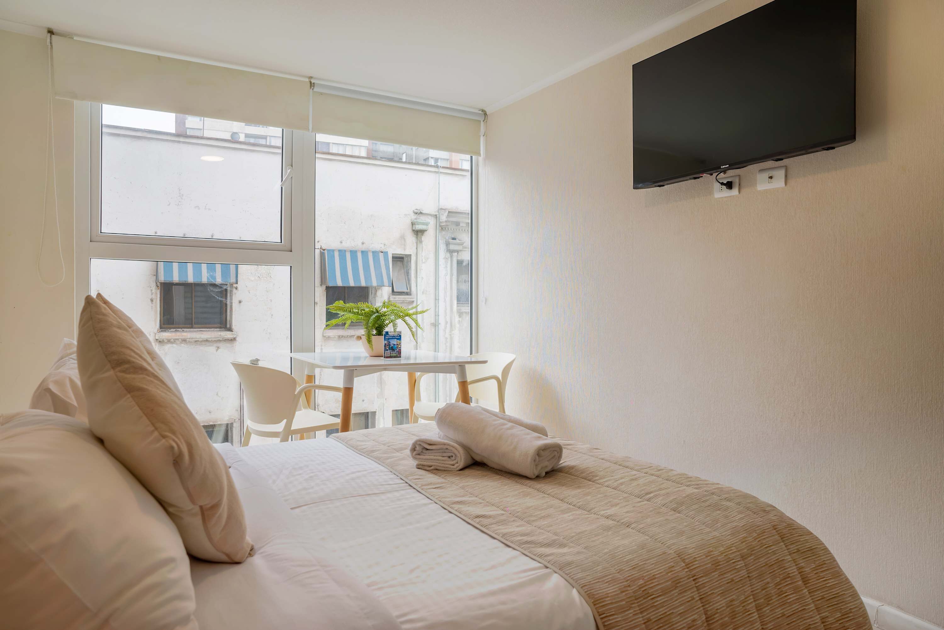 A hotel room with a bed, a TV mounted on the wall, a small table with a plant, and a view of the street through a window.