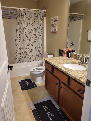 Hair dryer, towels, soap, toilet paper