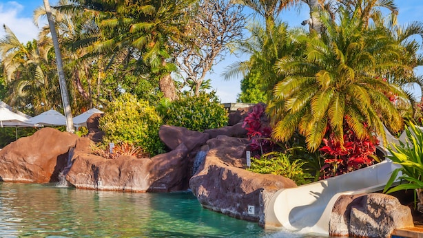 A pool with a water slide, surrounded by rocks and tropical plants.