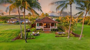 A house with a porch, surrounded by palm trees and a well-maintained lawn.