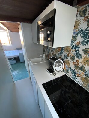 Réfrigérateur, micro-ondes, plaque de cuisson