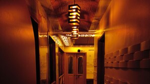 Un pasillo estrecho con suelo de madera, una puerta al final y una lámpara de techo con diseño.