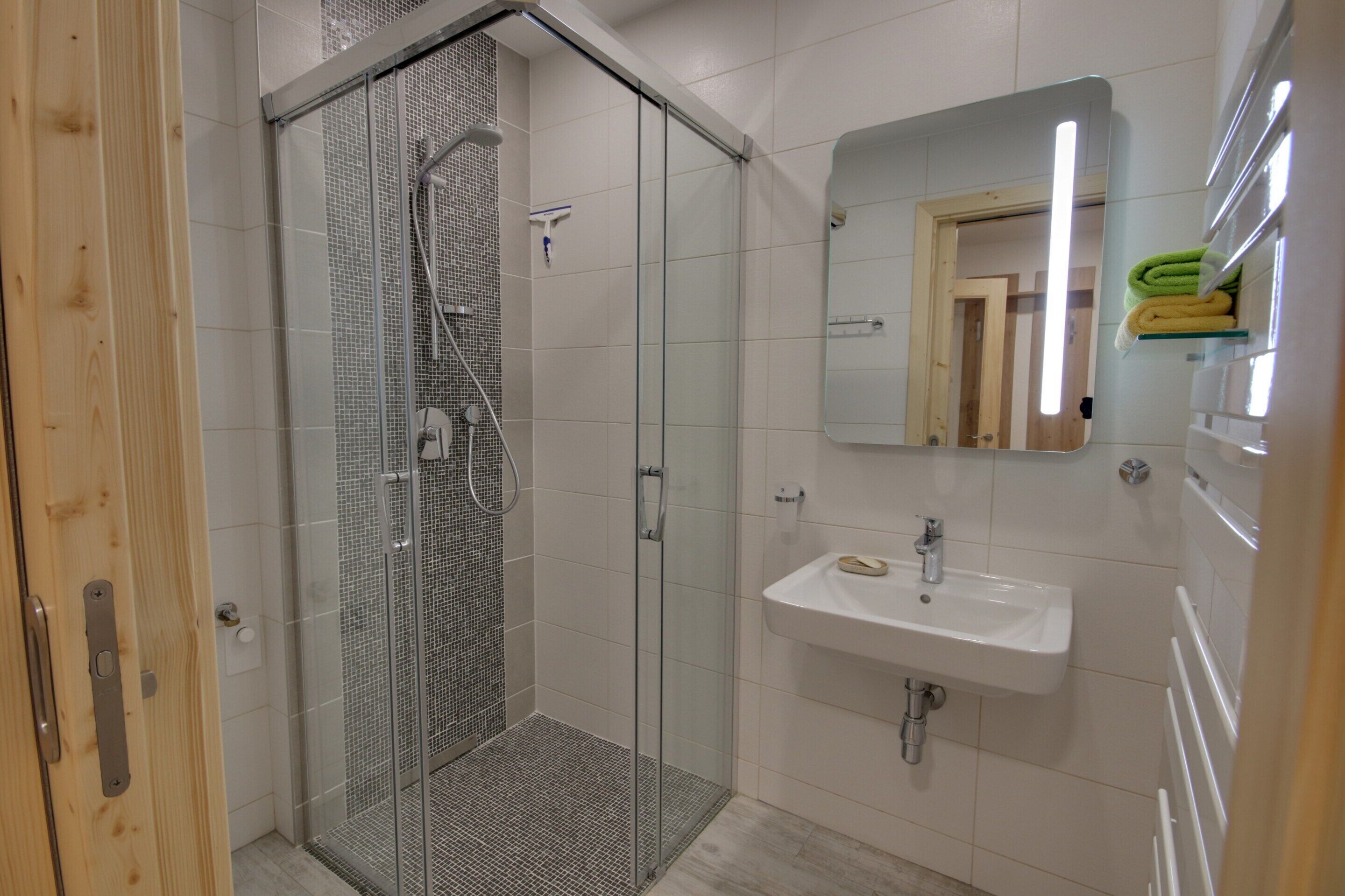 A modern bathroom with a glass shower enclosure, a white sink, and a mirror above the sink.