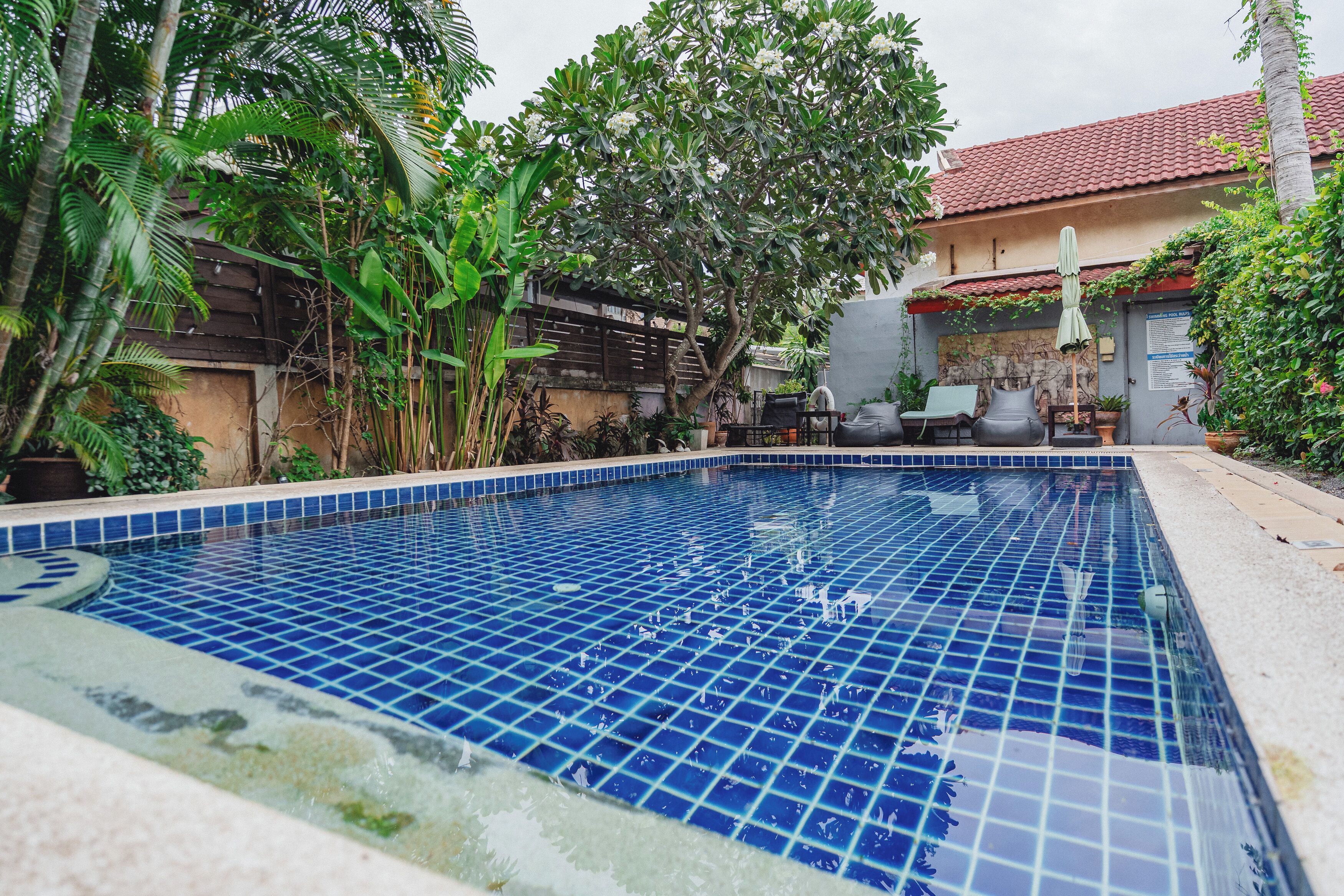 A swimming pool with blue tiles, surrounded by lush greenery and a building with a red-tiled roof.