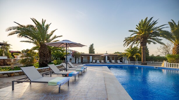Une piscine entourée de palmiers et dotée d’une terrasse carrelée, avec des chaises longues et des parasols.