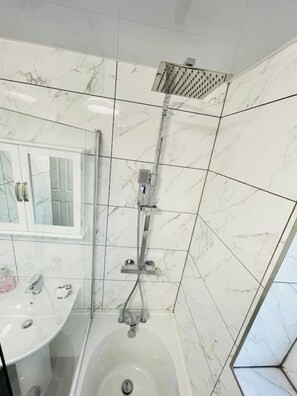 Hair dryer, towels, soap, toilet paper