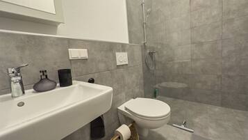 Shower, towels, soap, toilet paper