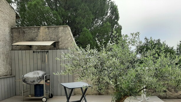 A patio with a table, a grill, and a small tree. - Quiet house for rent (Saint-Marcel-d'Ardèche)