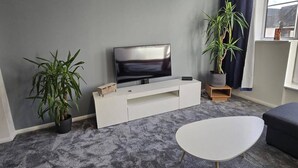 Ein modernes Wohnzimmer mit einem Flachbildfernseher auf einer weißen Unterhaltungseinheit, zwei Zimmerpflanzen, einem grauen Teppich und einem weißen Couchtisch.