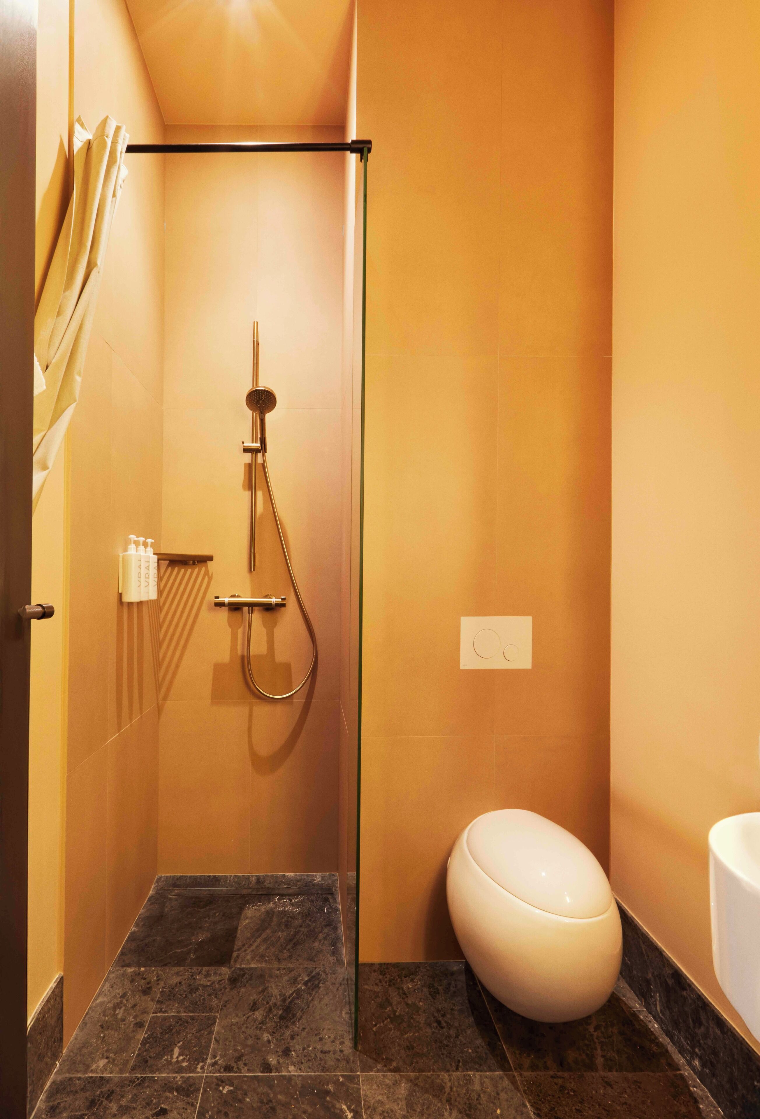 Un espacio de ducha pequeño y cerrado con puerta de vidrio, un cabezal de ducha manual y un inodoro blanco.