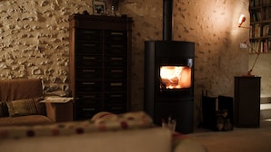 A cozy living room with a stone wall, a fireplace, a bookshelf, and a sofa. - Théveny, Le Levant (Saint-Astier)