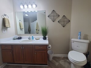 Hair dryer, towels, toilet paper