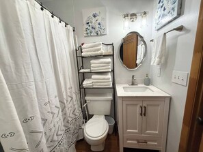 A bathroom with a shower curtain, toilet, sink, and a towel rack. - * Plentiful Porches * Hot Tub * King Bed * Views * (Watauga County)