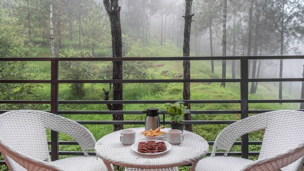 Une table ronde, deux chaises en osier blanc, une assiette de nourriture, un thermos, une tasse et une petite plante en pot.
