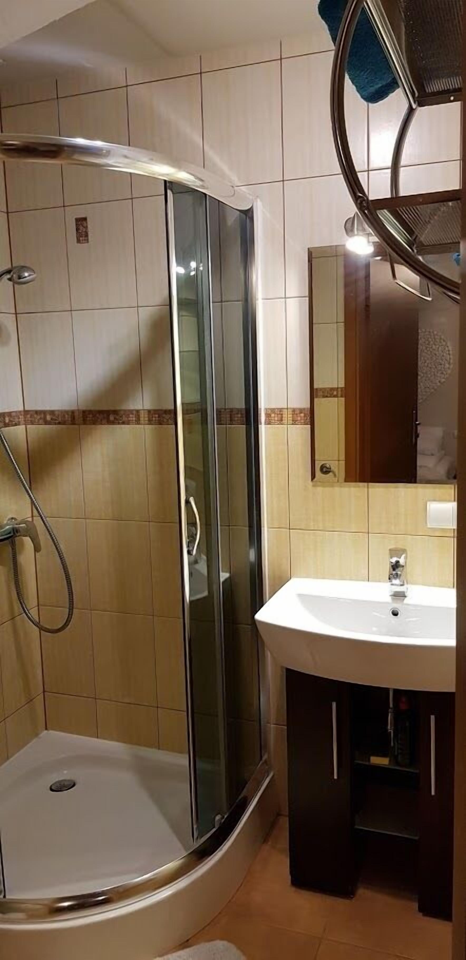 A bathroom with a glass-enclosed shower, a sink, and a mirror.