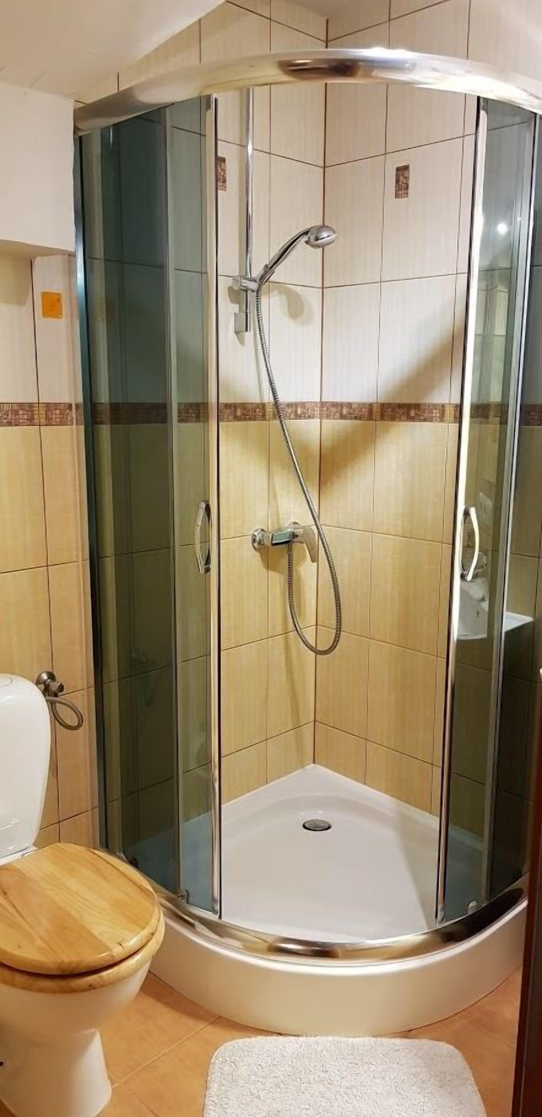 A corner shower enclosure with a glass door, a toilet with a wooden seat, and a white bath mat.
