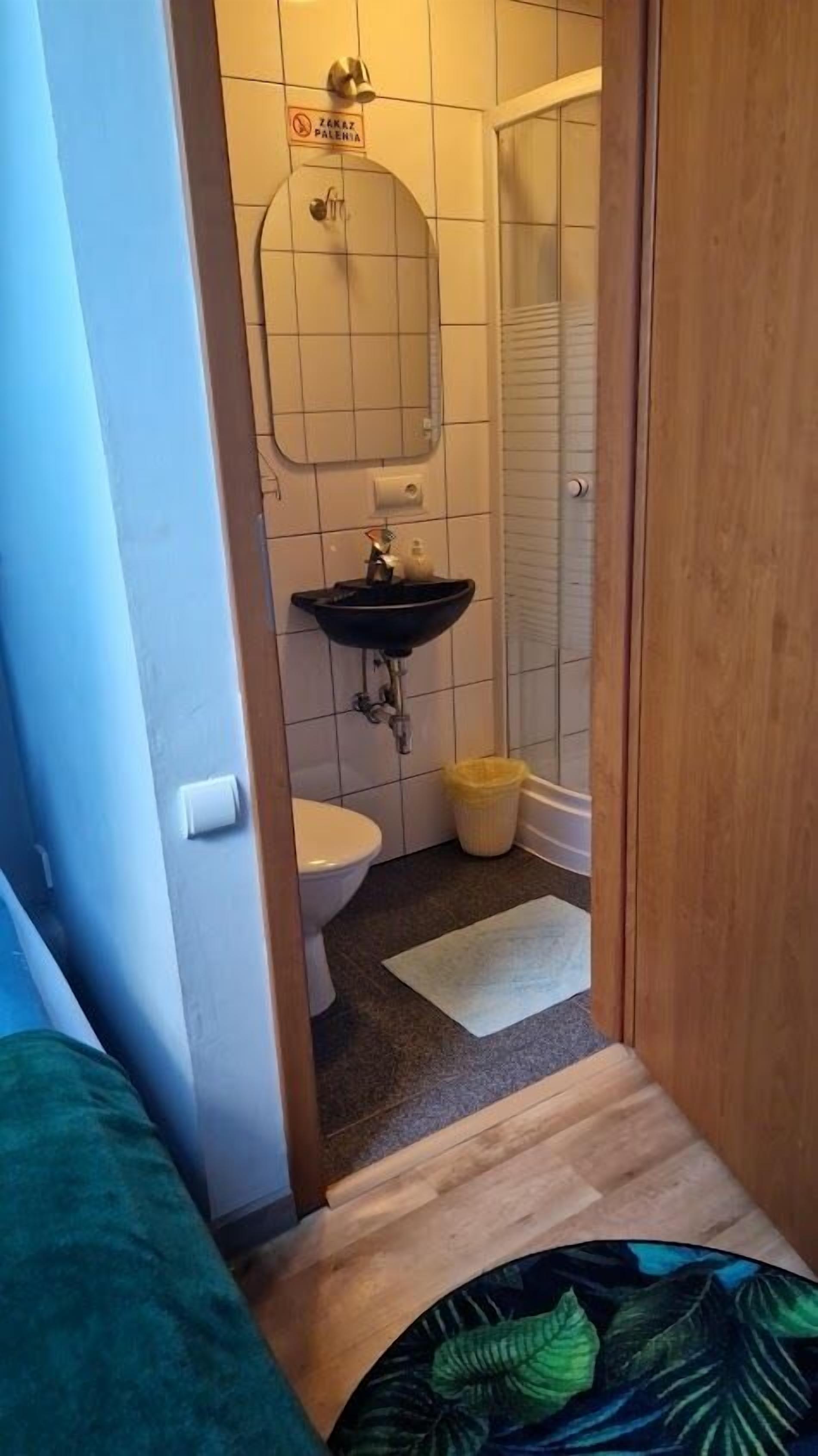 A narrow hallway leading to a bathroom with a sink, toilet, and shower. A trash bin is visible near the toilet.