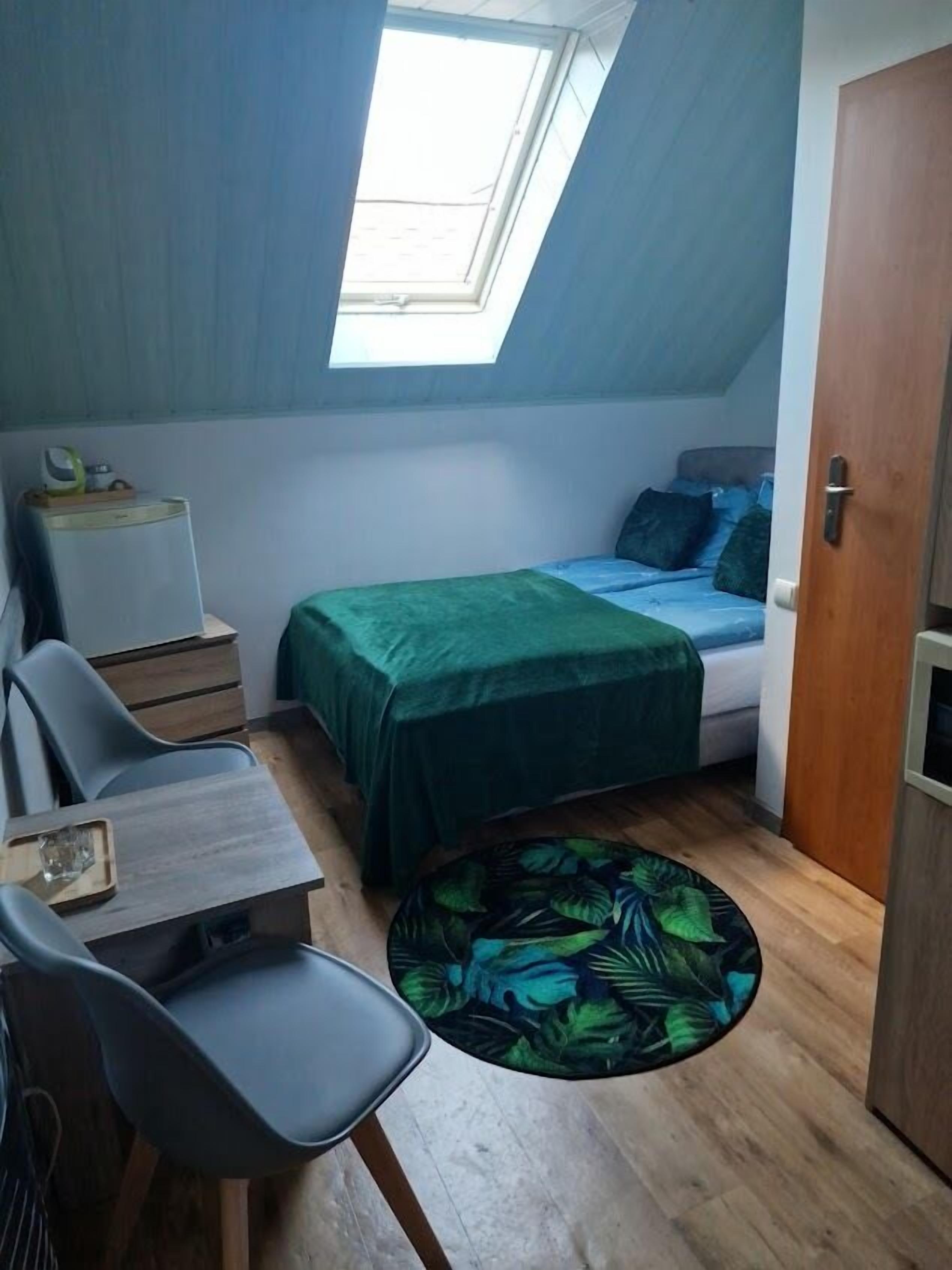 A compact room with a bed, a desk, and a chair. There's a skylight above the bed and a small round rug with a leaf pattern on the floor.