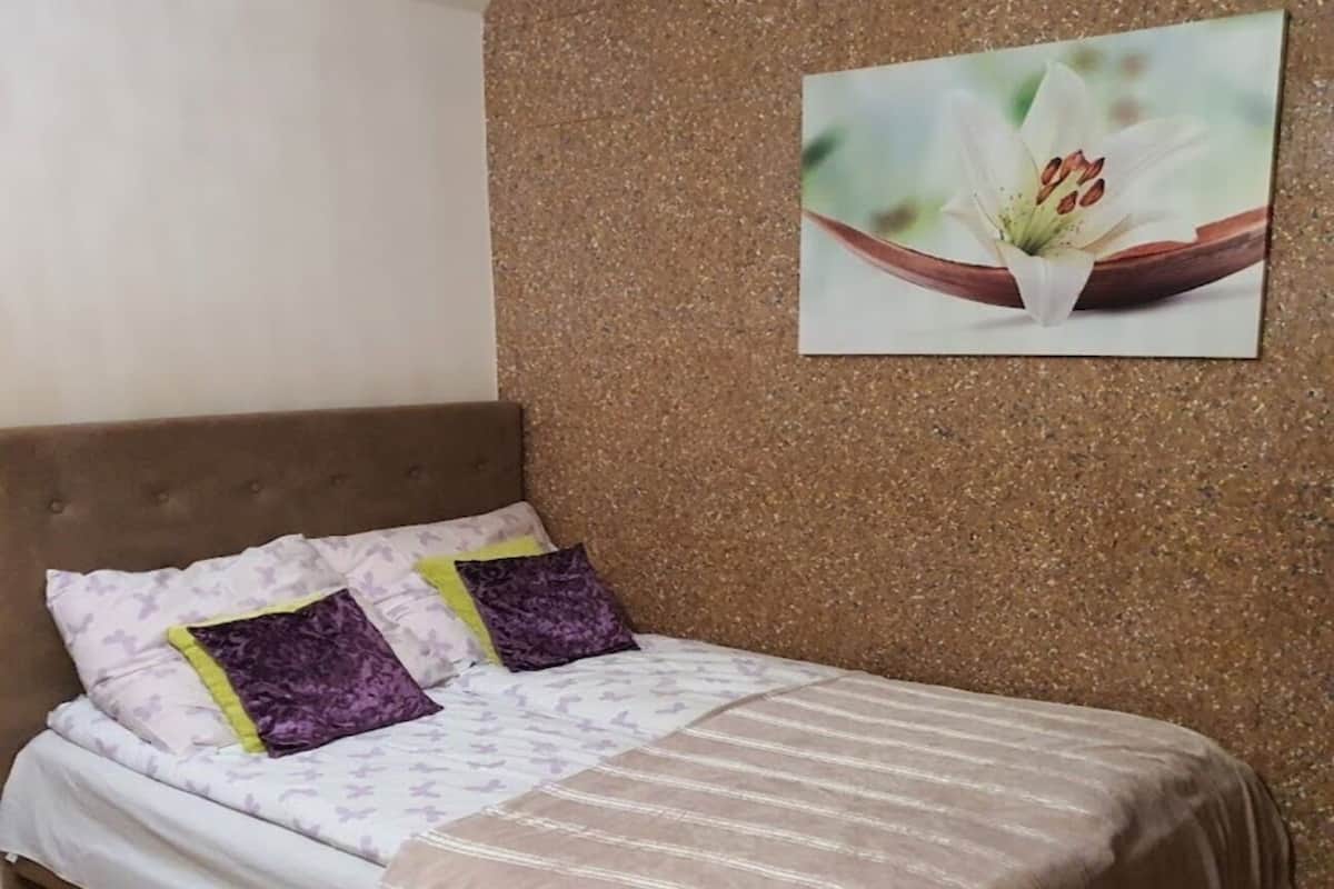A bedroom with a bed, pillows, a headboard, and a wall-mounted picture.