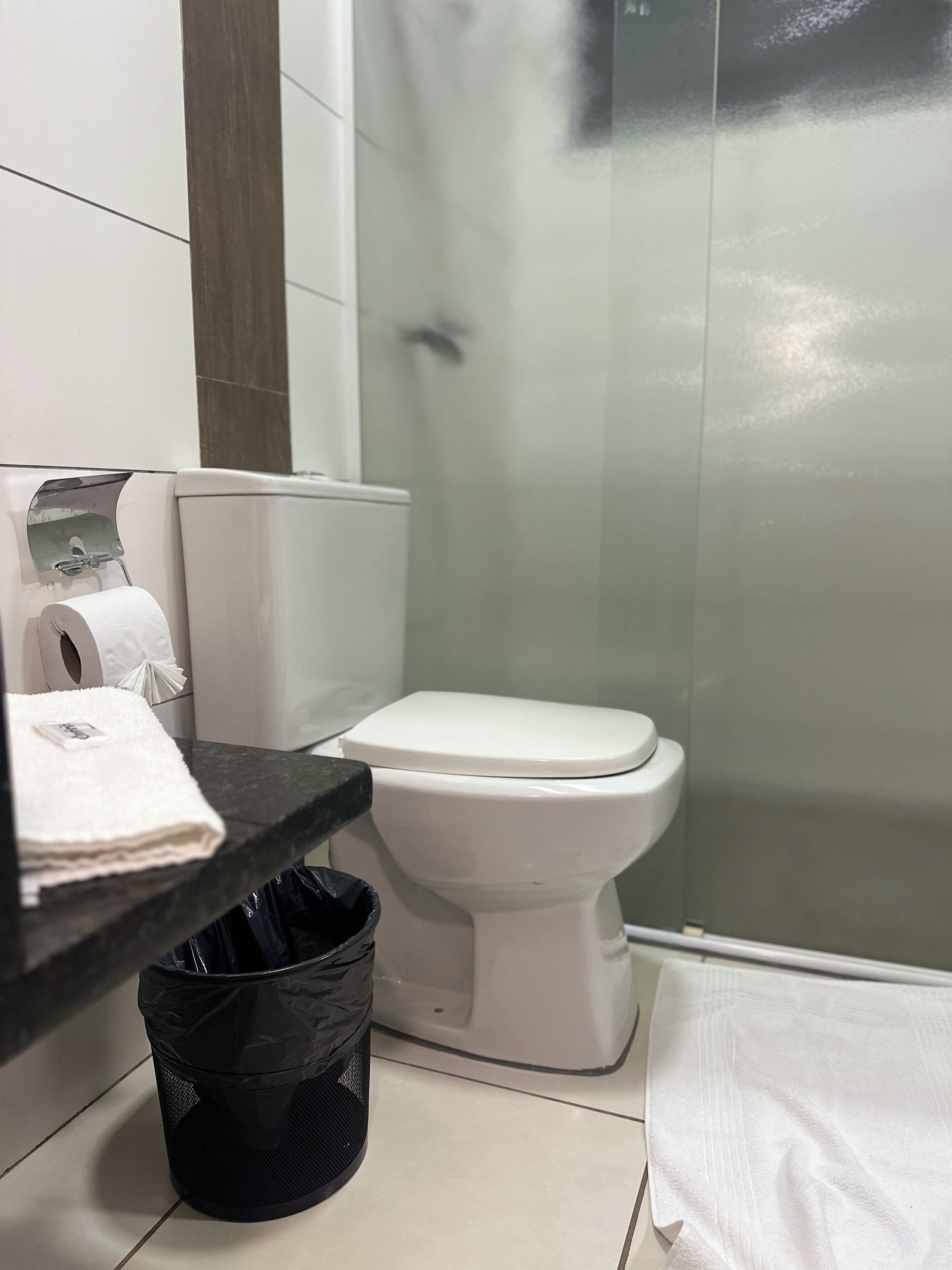 Un baño con inodoro, un cubo de basura y una toalla sobre el mostrador.