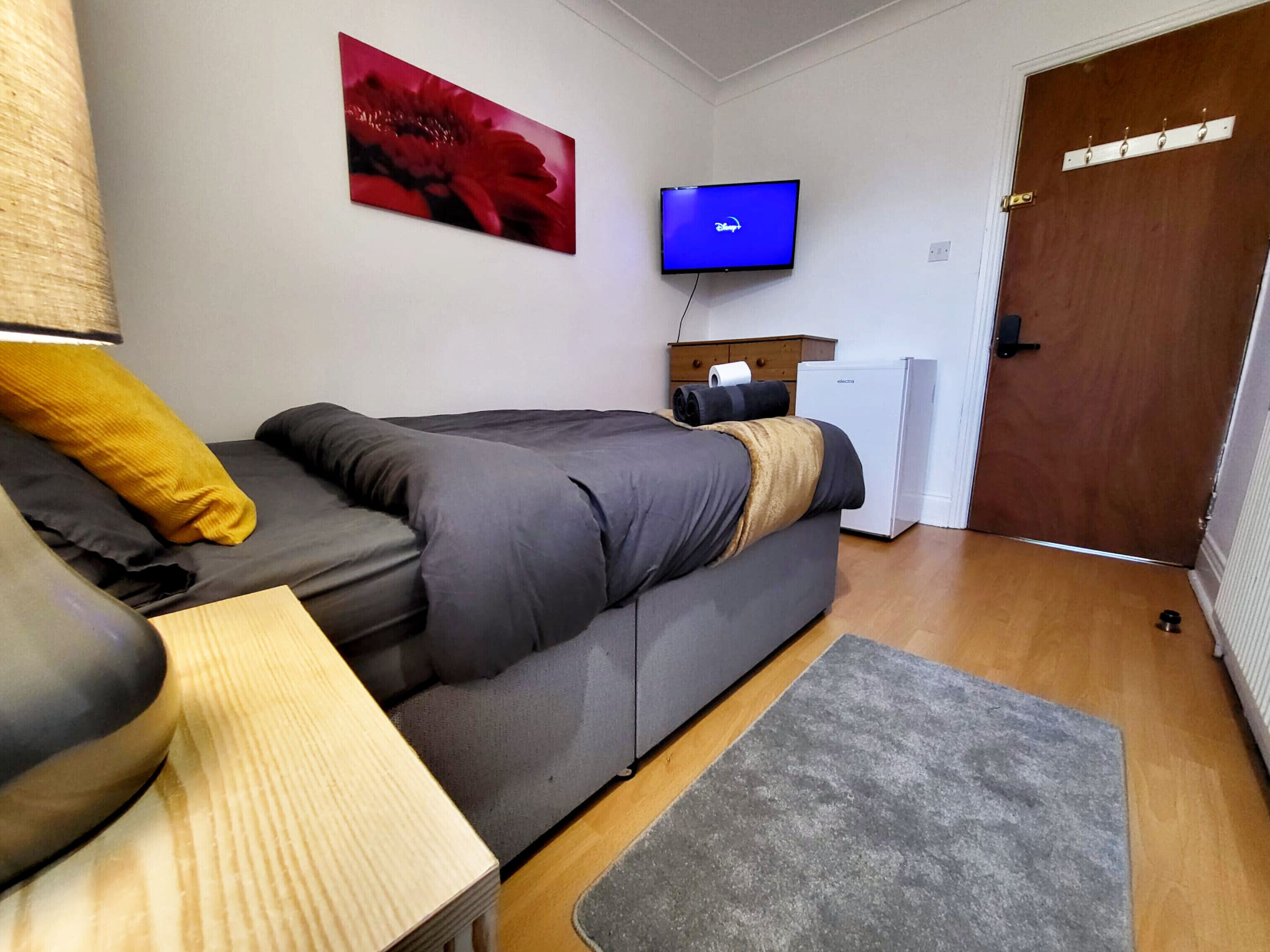 A compact room with a bed, a sofa, a flat-screen TV, a small refrigerator, and a door with a coat hook.