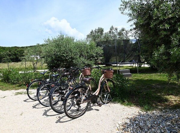 A gravel path with bicycles parked along it, surrounded by greenery and trees. - Radiant and Secluded Villa With Pool (Rovinj)
