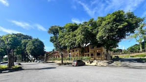 Vista de una calle con edificios de dos pisos, una zona de estacionamiento y árboles.