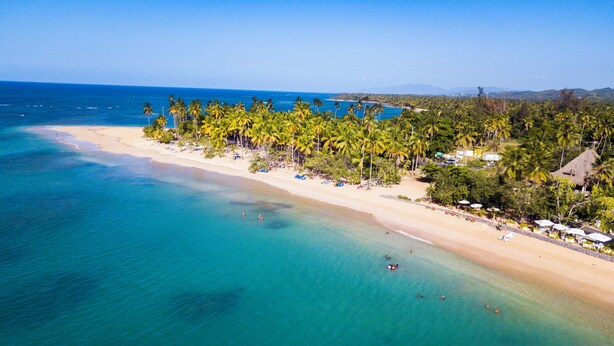 An aerial view of a beach with clear turquoise waters, palm trees, and a few people swimming. - Stella Apart-hotel Las Terrenas (Las Terrenas)