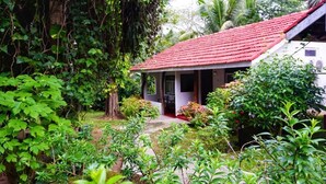 Ein Haus mit rotem Ziegeldach, umgeben von üppiger Vegetation und einem Gartenweg, der zum Eingang führt.