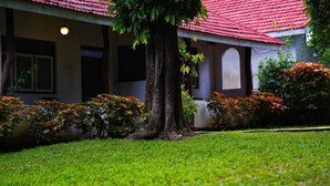 Ein Haus mit rotem Ziegeldach, einem großen Baum im Vorgarten und einem gepflegten Rasen.