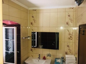 Shower, hair dryer, bidet, towels